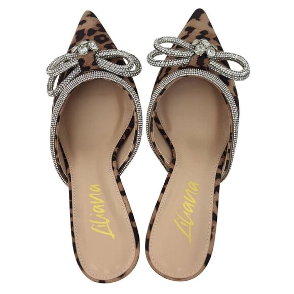 LILIANA / Romantic-1 Leopard Print / Pointed Toe Mules With Rhinestone Bow Embel - Picture 6 of 9